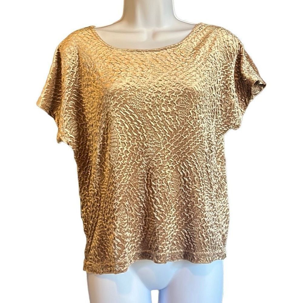 Selene Womens Medium Vintage Gold Textured‎ Scoop Neck Blouse Top Glam Party